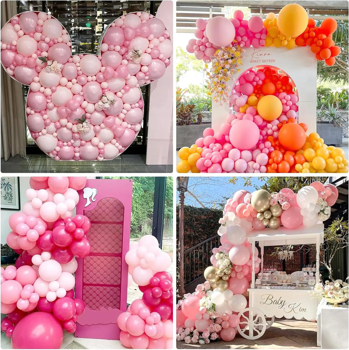 A collection of pastel pink and orange balloons used for birthday, wedding, and party decorations.