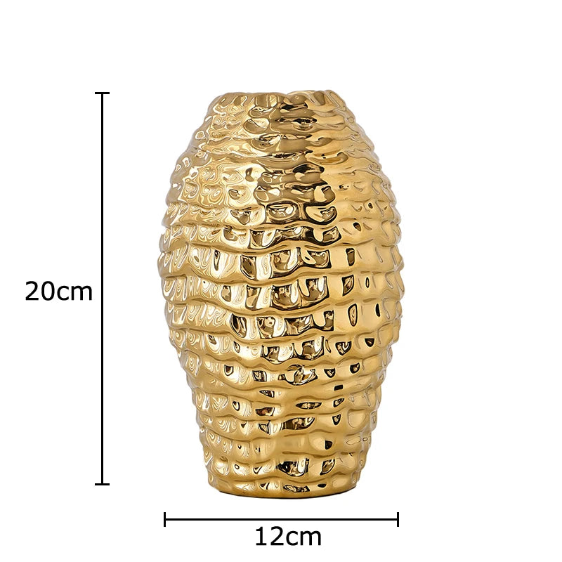 Golden wrinkle ceramic tabletop vase with a textured, ribbed surface.