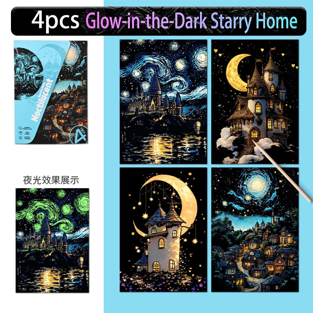 Four glow-in-the-dark starry home art kits featuring castles and night landscapes