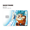 A Dragon Ball Super Saiyan card skin sticker featuring a fierce blue-haired character on a white background.