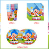 A set of circus theme birthday party decor featuring cartoon characters and colorful elements.