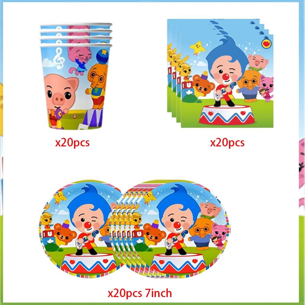 A set of circus theme birthday party decor featuring cartoon characters and colorful elements.