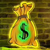 Neon dollar sign LED wall light shaped like a money bag, glowing green and yellow.
