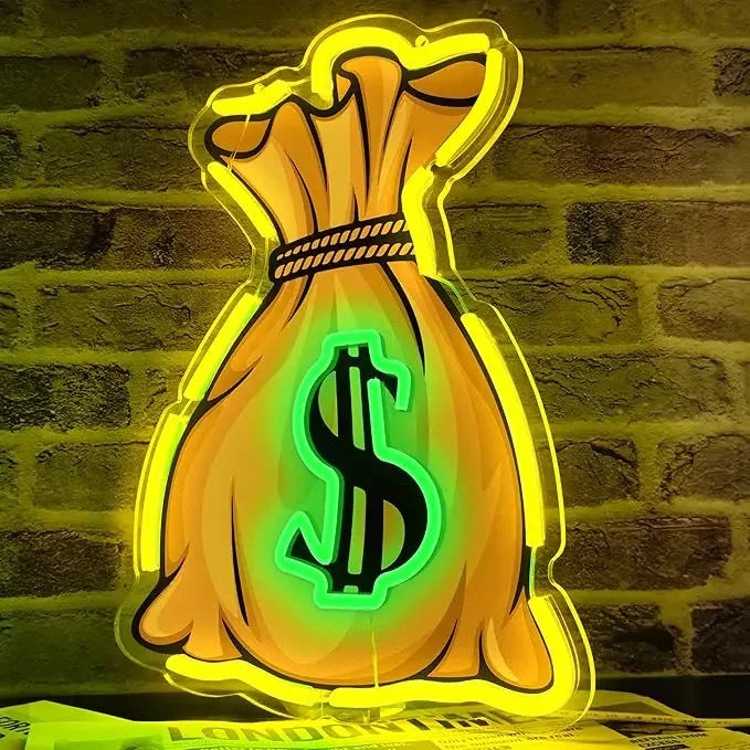 Neon dollar sign LED wall light shaped like a money bag, glowing green and yellow.