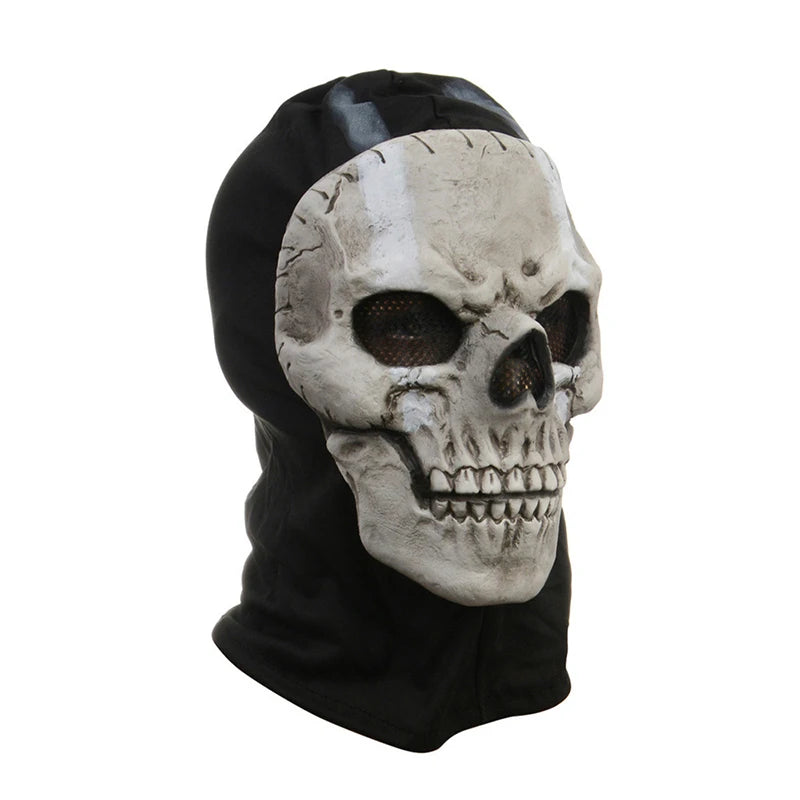 A realistic horror ghost skull latex mask in black and white tones.