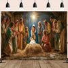 A painting depicting a religious scene with figures gathered around a baby in a golden light.