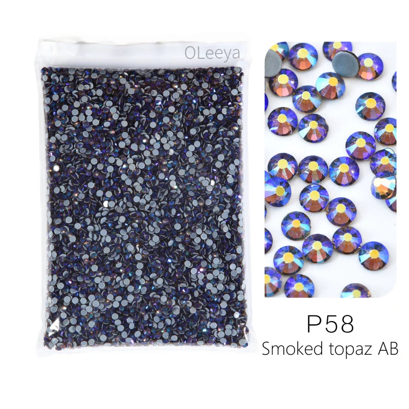 Bag of P58 smoked topaz AB glass rhinestones mixed sizes
