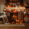 An autumn harvest fireplace mantel scarf featuring maple leaves and pumpkins displayed above a glowing fire.
