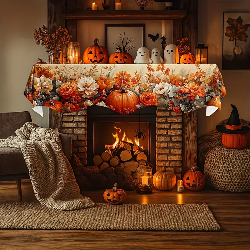 An autumn harvest fireplace mantel scarf featuring maple leaves and pumpkins displayed above a glowing fire.