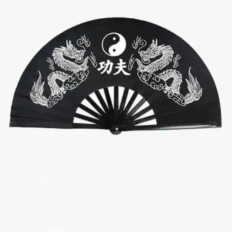 Black traditional bamboo folding fan featuring yin-yang symbols and dragons for martial arts