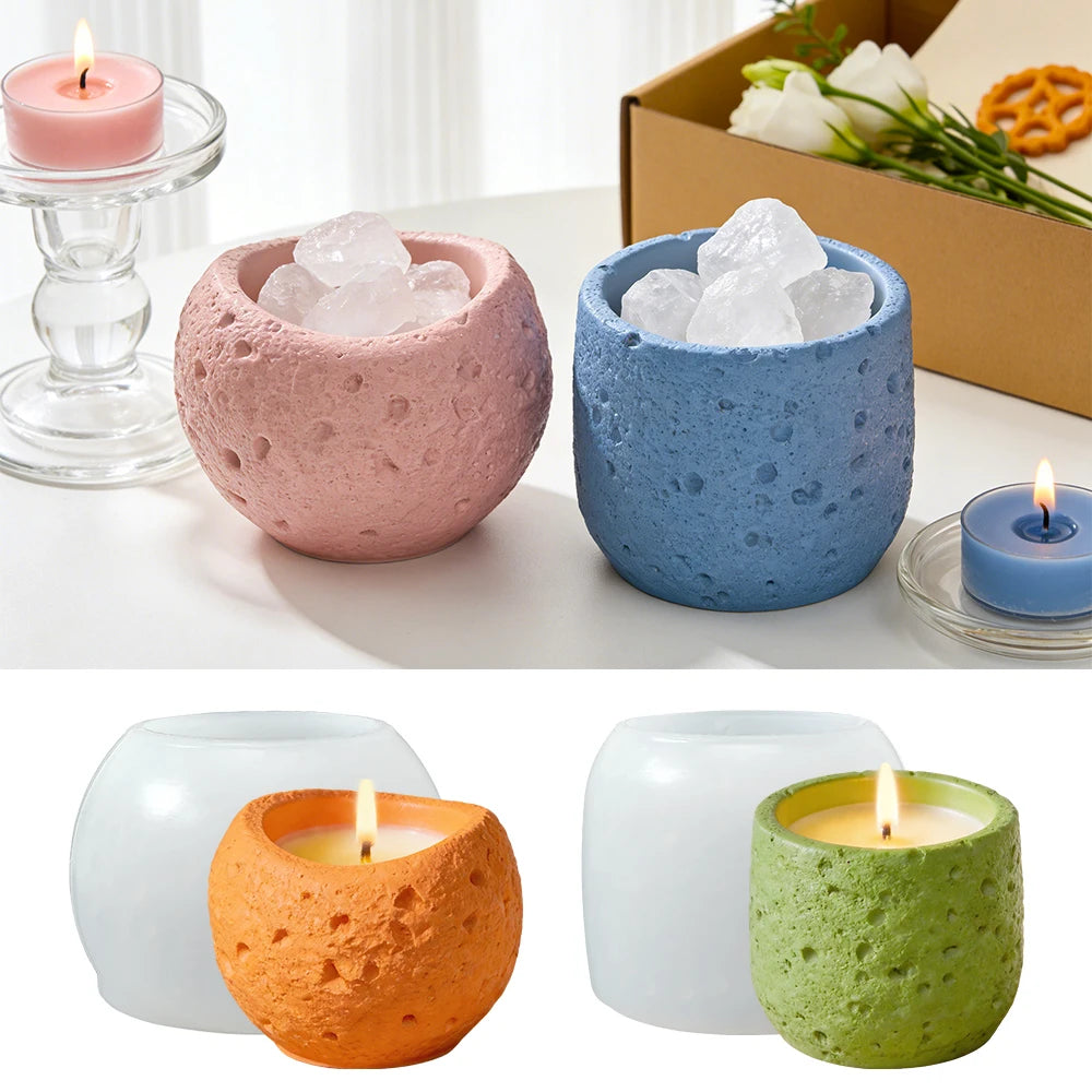 A collection of silicone molds in various colors and textures for making candles, resin, and concrete items.