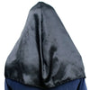 Black satin latex mask with a headscarf shown from the back.