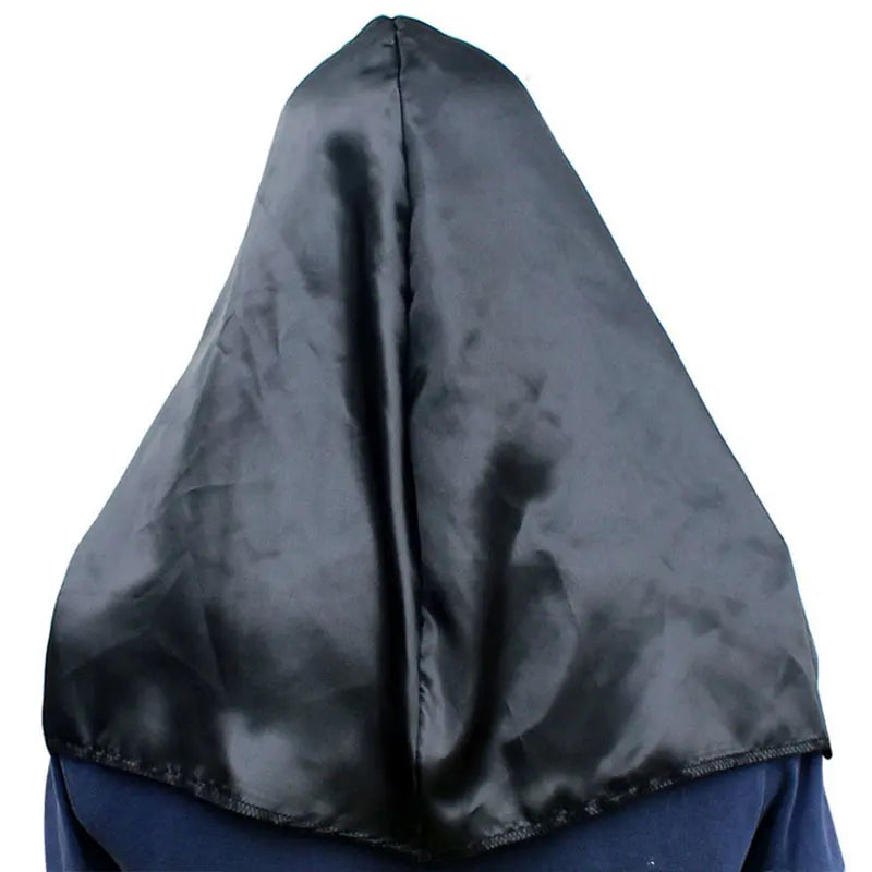 Black satin latex mask with a headscarf shown from the back.