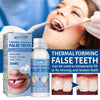A woman is using a thermal forming false tooth product to repair missing or broken teeth.