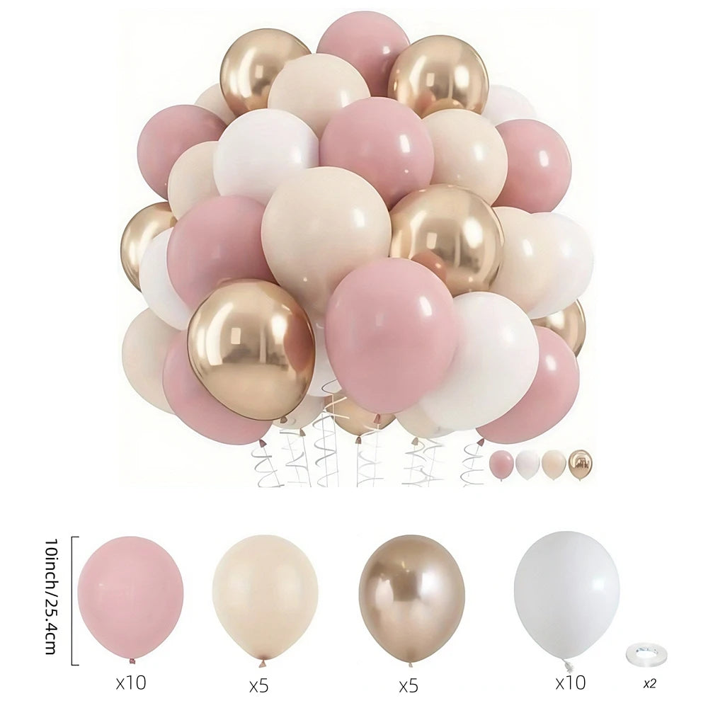 A set of balloons in pink, sand, and gold colors arranged in a pyramid shape.