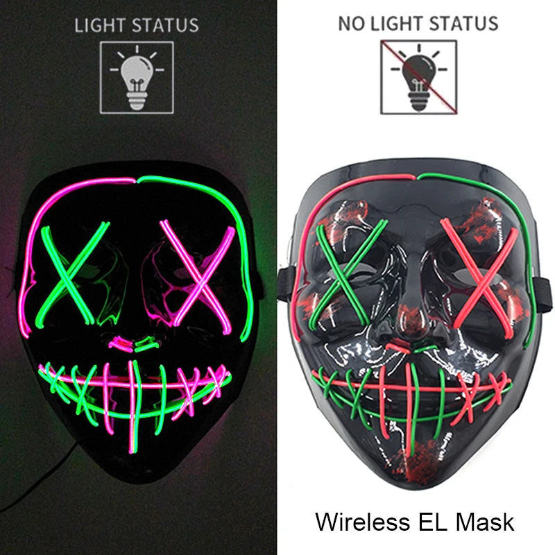 A black glowing LED mask showing a green 'X' face and a red 'X' face, with options for light status.