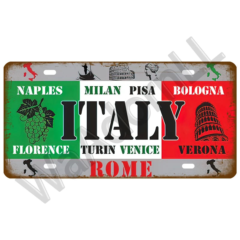 Vintage metal tin sign featuring Italian cities and landmarks in rustic red and green colors