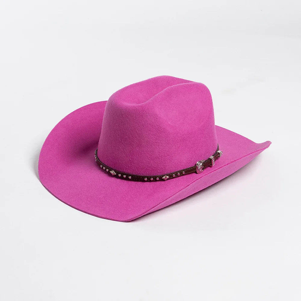 A bright pink wool cowboy hat with a studded dark brown leather band.