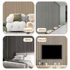 Various interior designs featuring self-adhesive 3D wood grain wall panels in various shades and textures.