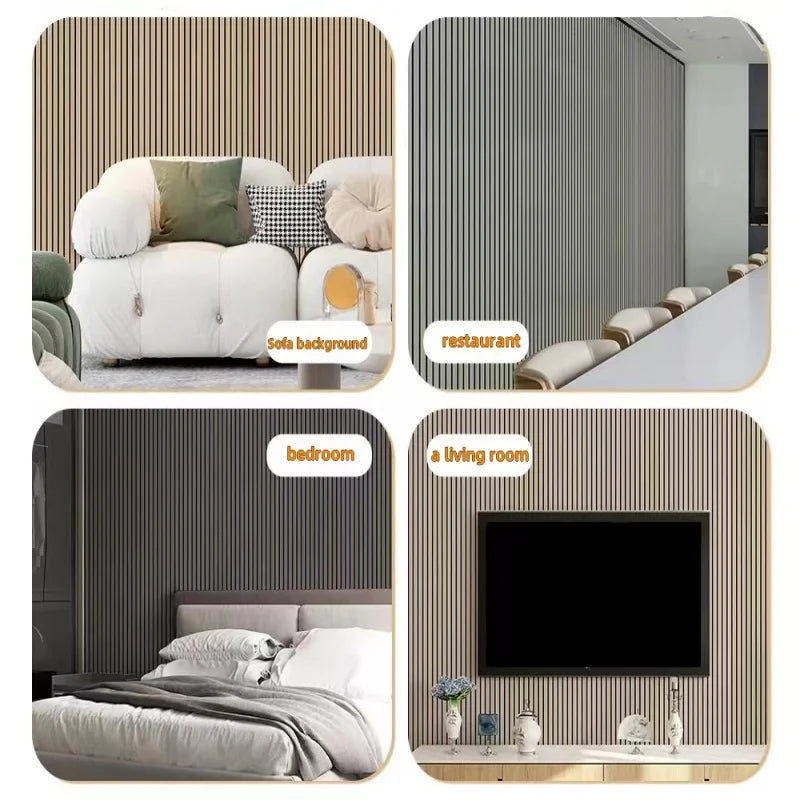 Various interior designs featuring self-adhesive 3D wood grain wall panels in various shades and textures.