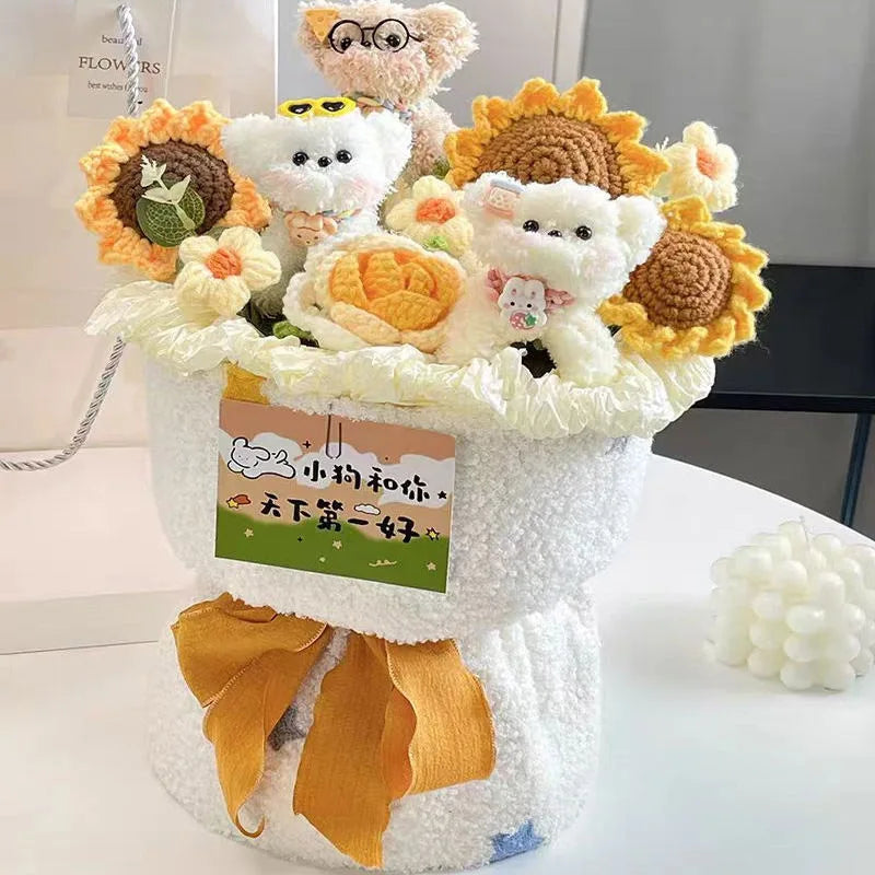 A handmade crochet flower bouquet featuring cute animal figures and various textured flowers.