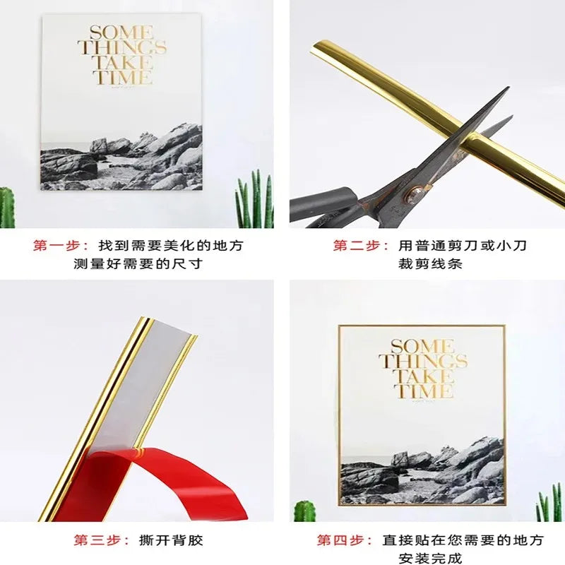 A four-step guide showing how to use self-adhesive PVC wall trim tape for edge decoration and protection.