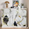A kitchen cabinet featuring marble white and gold veining on the doors and drawers.