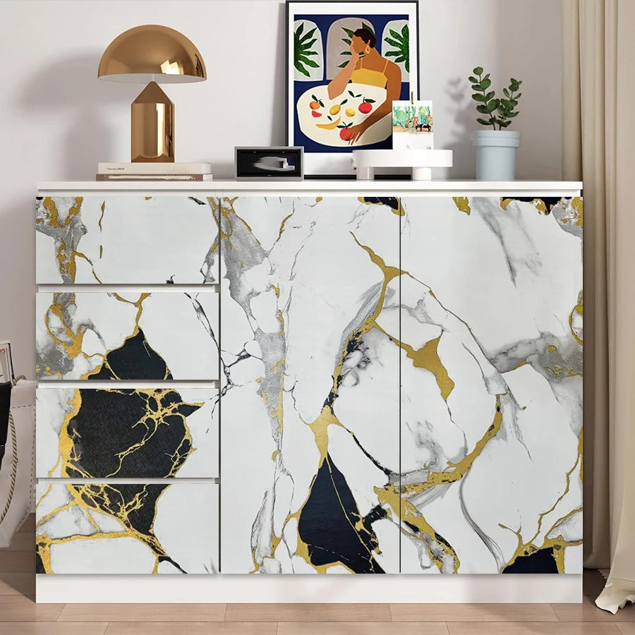 A kitchen cabinet featuring marble white and gold veining on the doors and drawers.