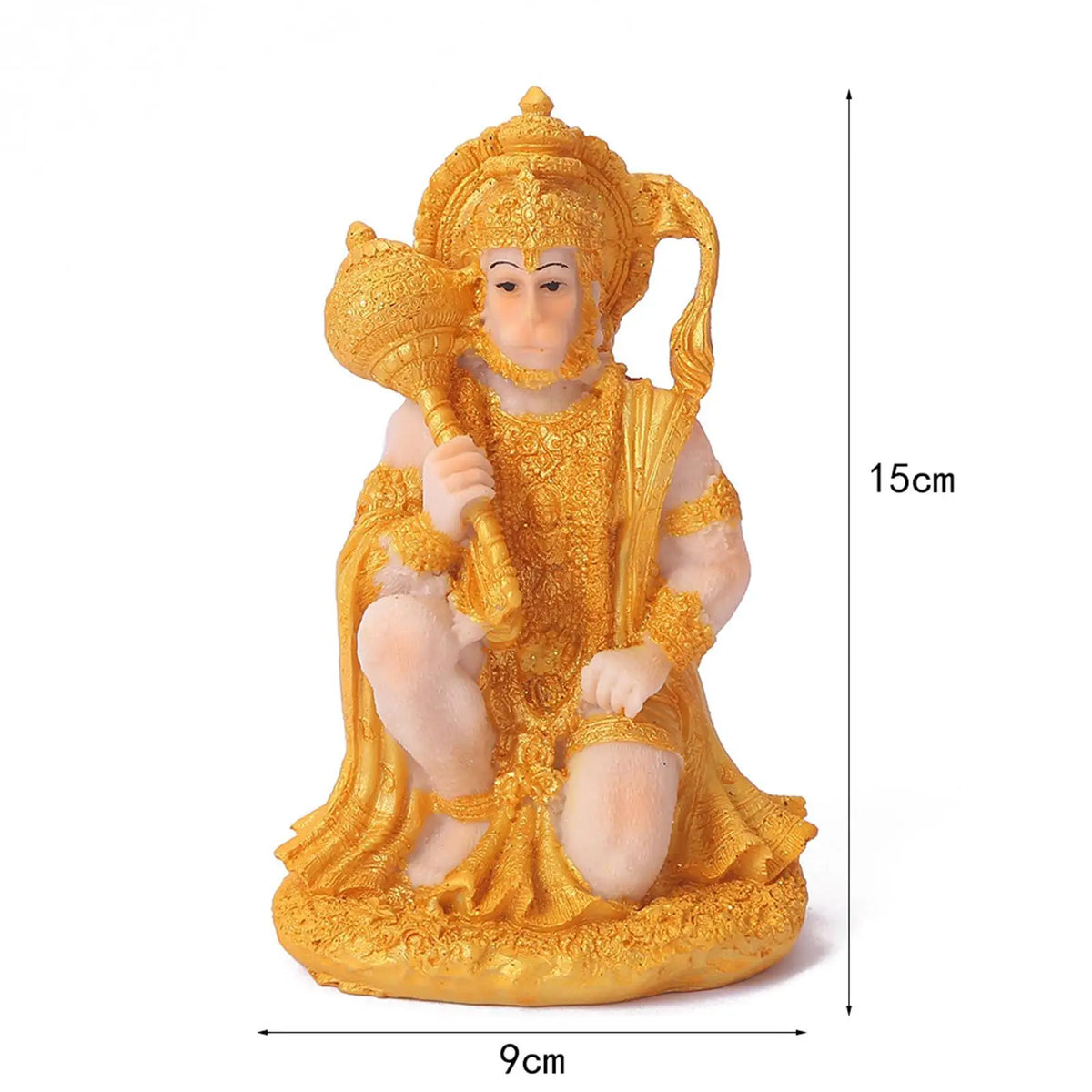 Golden resin statue of Hanuman holding a mace, used for meditation and home decor.