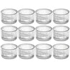 A set of twelve clear glass tealight candle holders with intricate vertical fluting patterns.