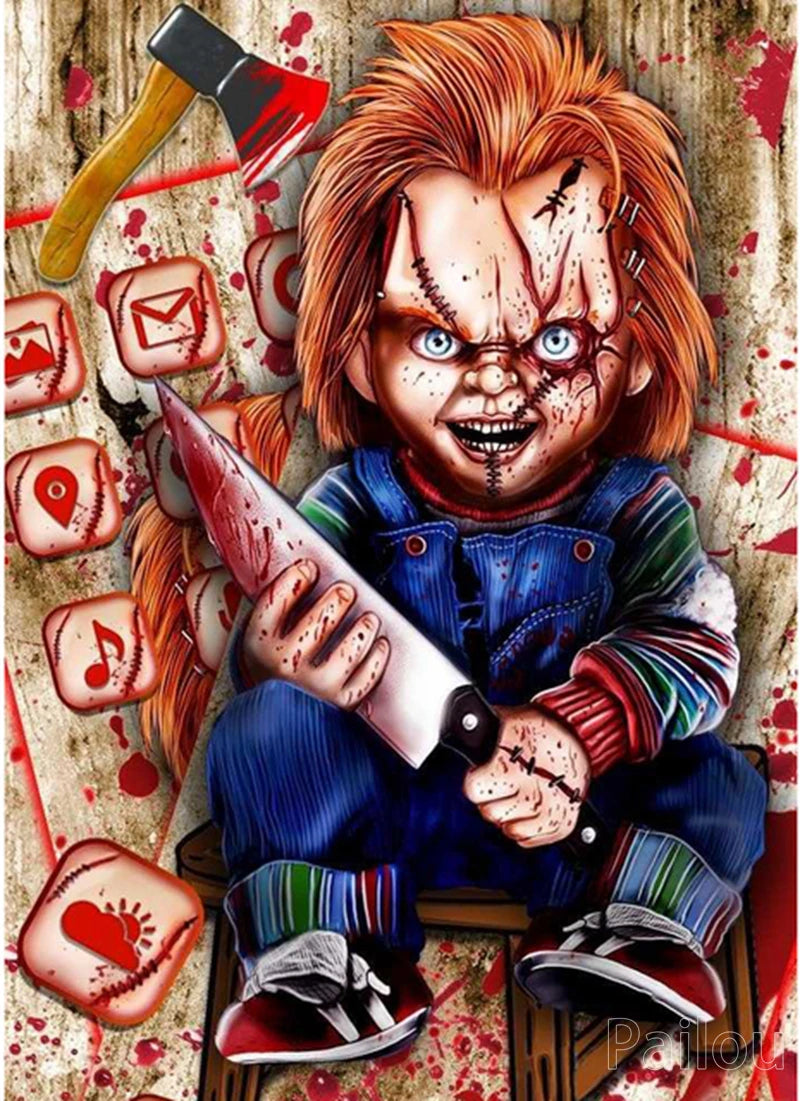 A detailed diamond painting kit featuring a portrait of Chucky the horror character.