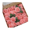 A box filled with pink foam rose artificial flowers for weddings and home decor