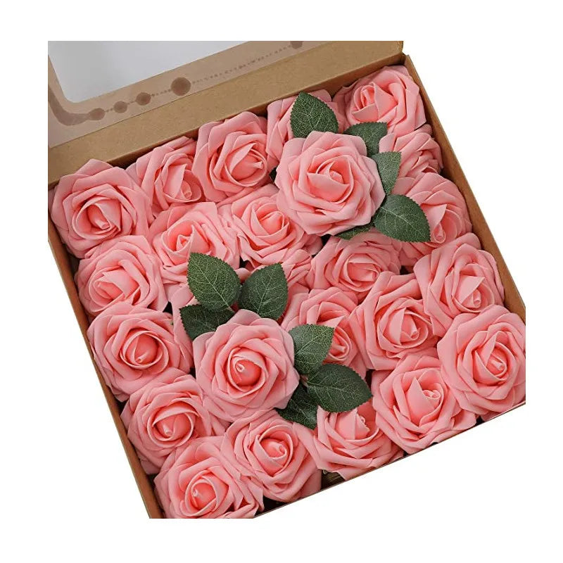 A box filled with pink foam rose artificial flowers for weddings and home decor