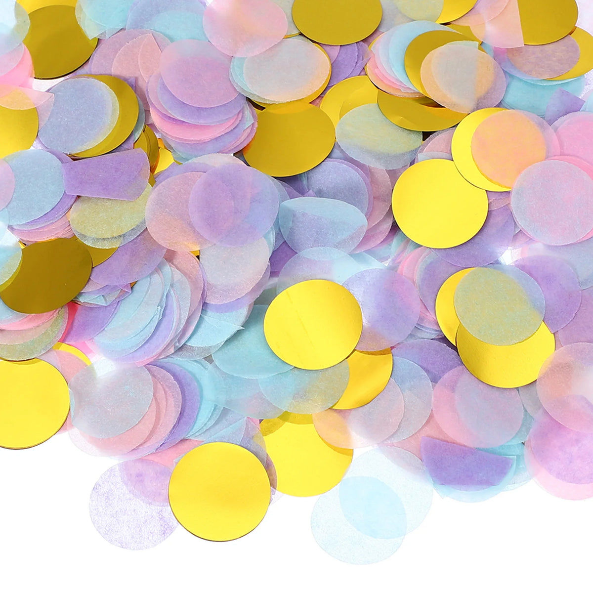 A pile of round tissue paper confetti dots in various shades of yellow, pink, and blue.