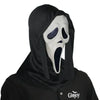 A realistic ghost face mask with a black hood and white face, featuring a large open mouth.