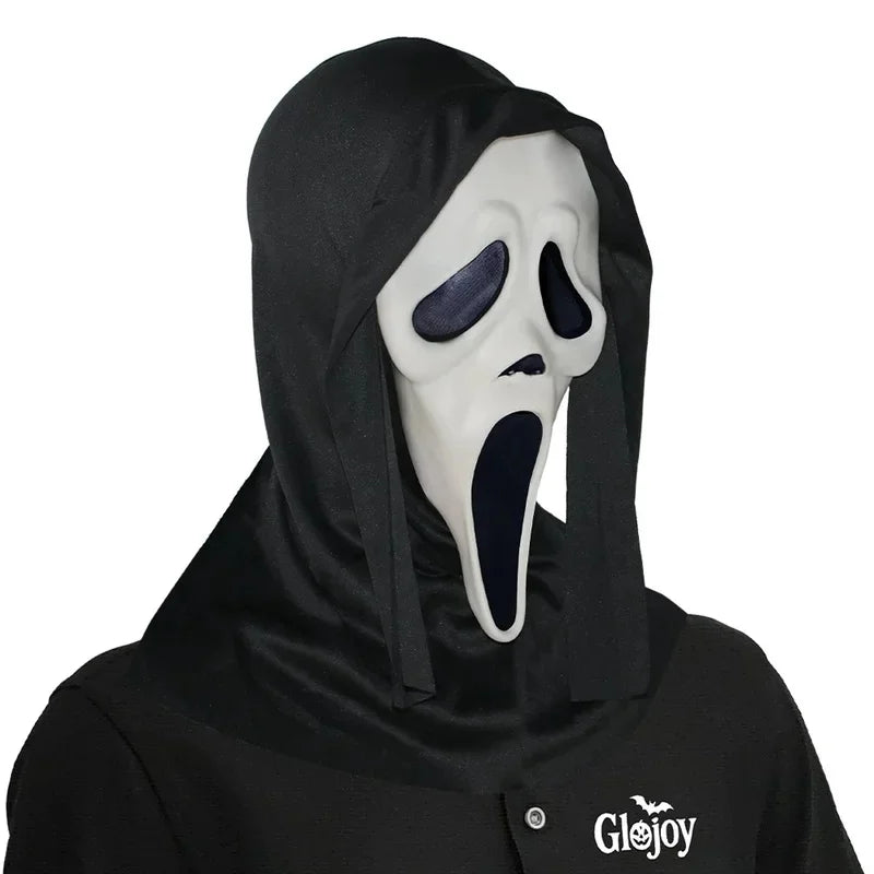 A realistic ghost face mask with a black hood and white face, featuring a large open mouth.