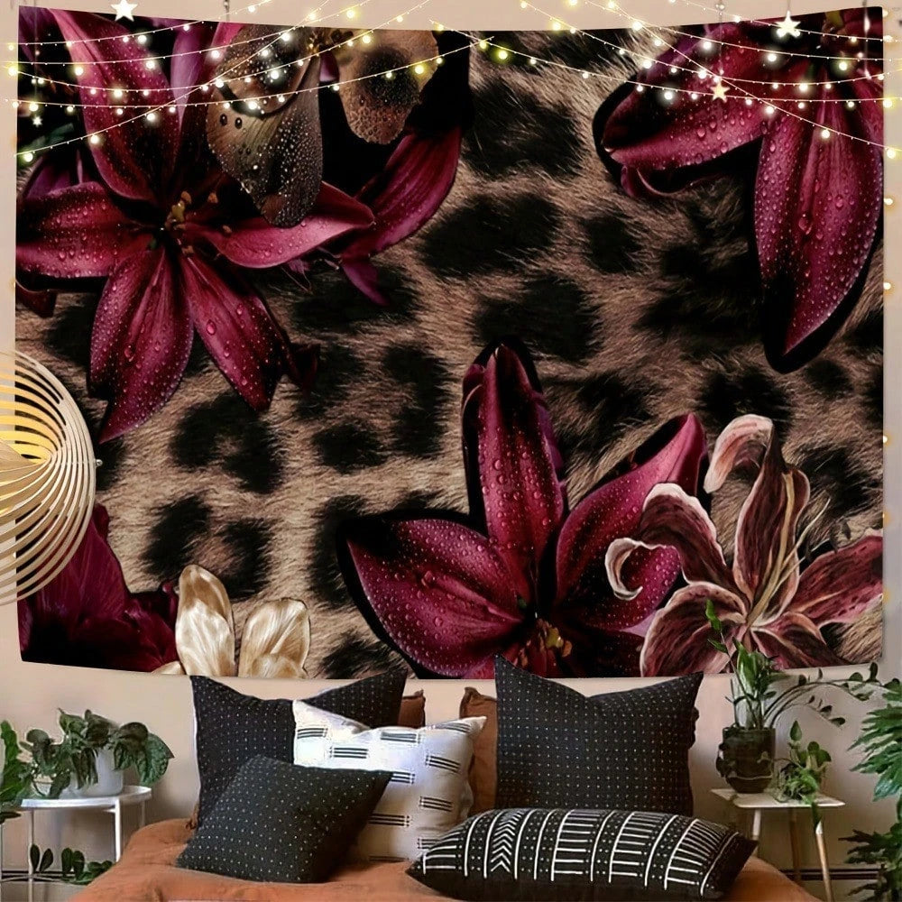A tapestry wall hanging featuring a leopard print background with large, deep purple floral leaves.