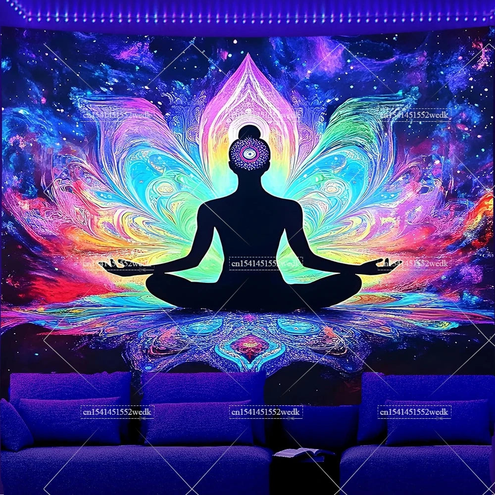 UV reactive chakra lotus tapestry wall hanging featuring a silhouette of a meditating figure surrounded by vibrant cosmic col