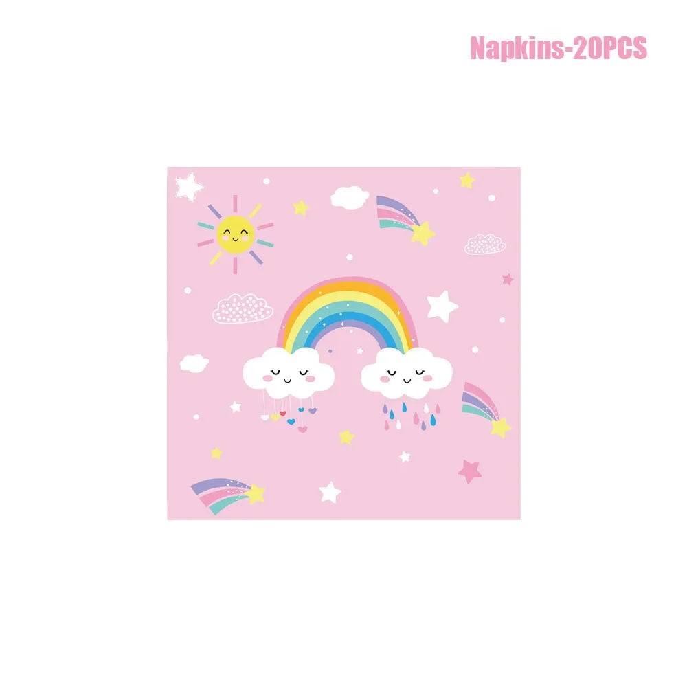 Pink background with yellow sun, rainbow, clouds, and stars, featuring a set of 20 disposable napkins.