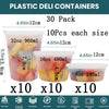 A set of plastic deli containers in various sizes 8 oz, 16 oz, and 32 oz, packaged in a 30-pack.