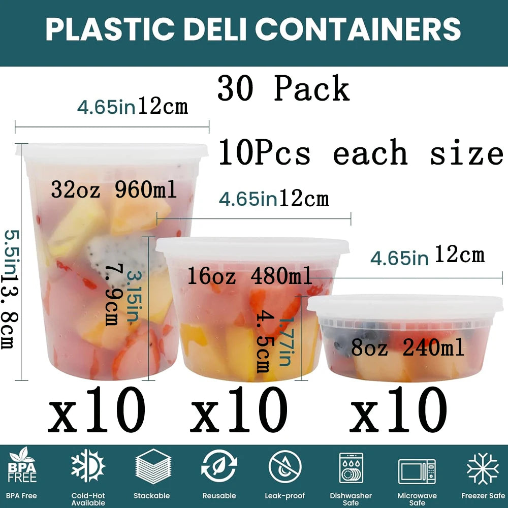 A set of plastic deli containers in various sizes 8 oz, 16 oz, and 32 oz, packaged in a 30-pack.