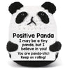 A white and black panda crochet doll with a positive message card that reads I may be a tiny panda but I believe in you You a