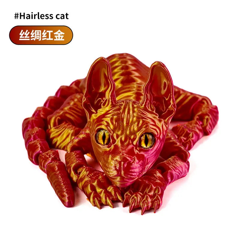 A highly detailed, articulated figurine of a red Sphynx cat with intense yellow eyes.