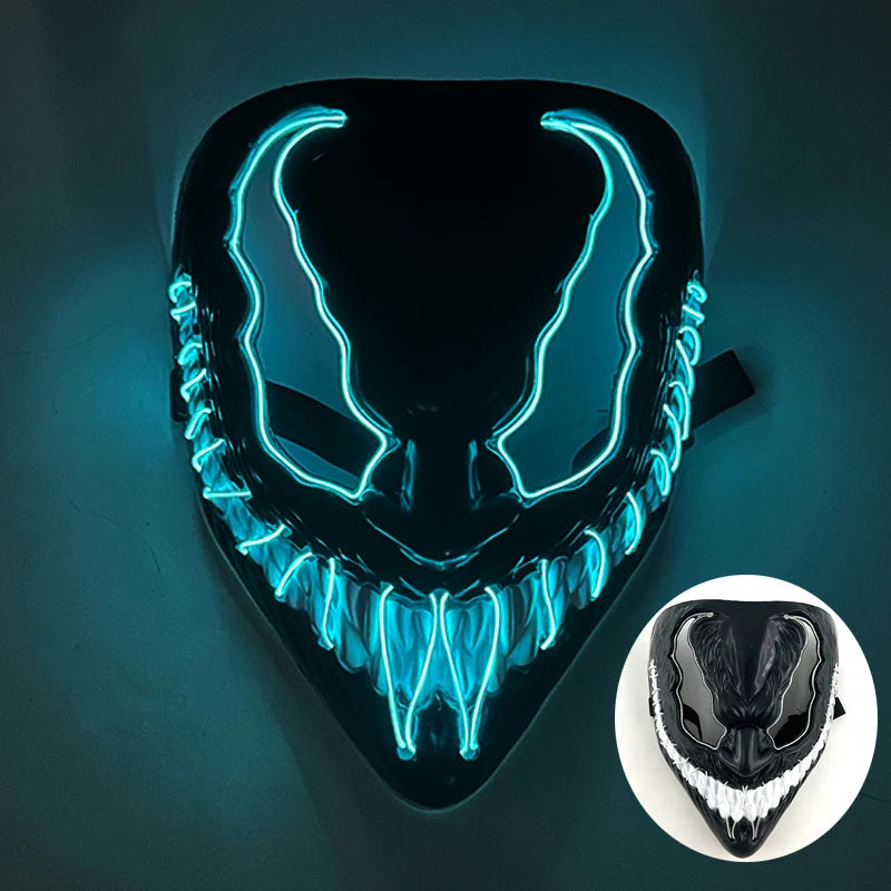 A black mask with glowing blue LED lines resembling a stylized face, displayed on a dark surface.