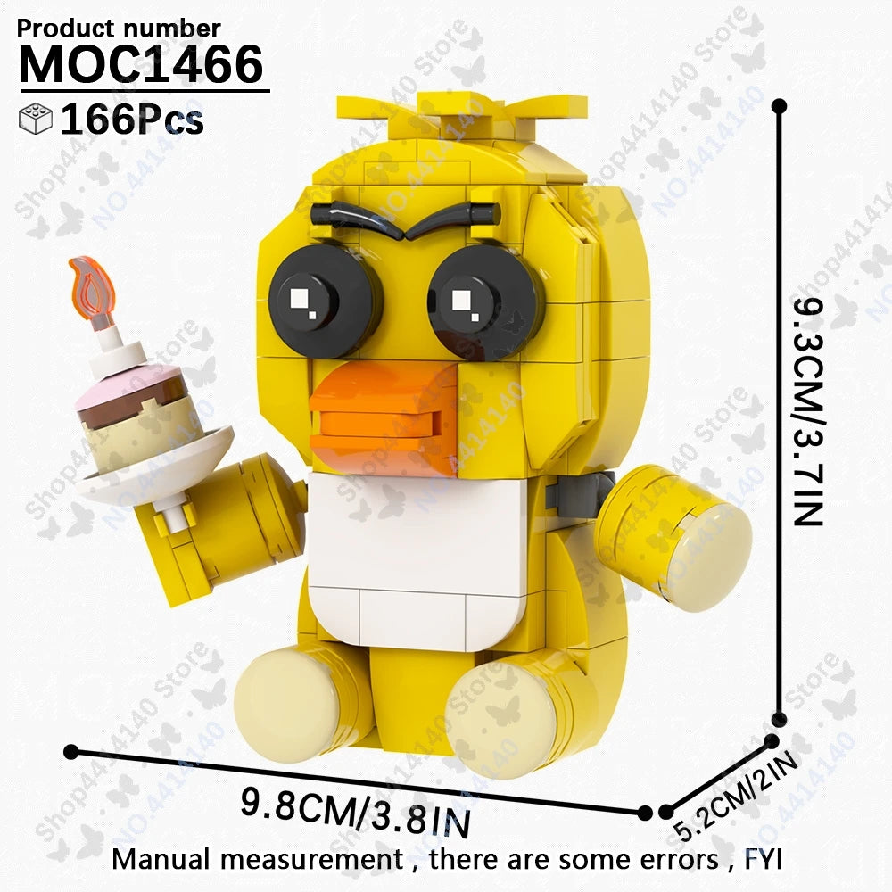 A yellow Five Nights at Freddy's character building block model with large eyes and an orange mouth.