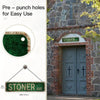 A vintage metal street sign for Stoner Ave is shown next to a close-up of pre-punched holes for easy use.