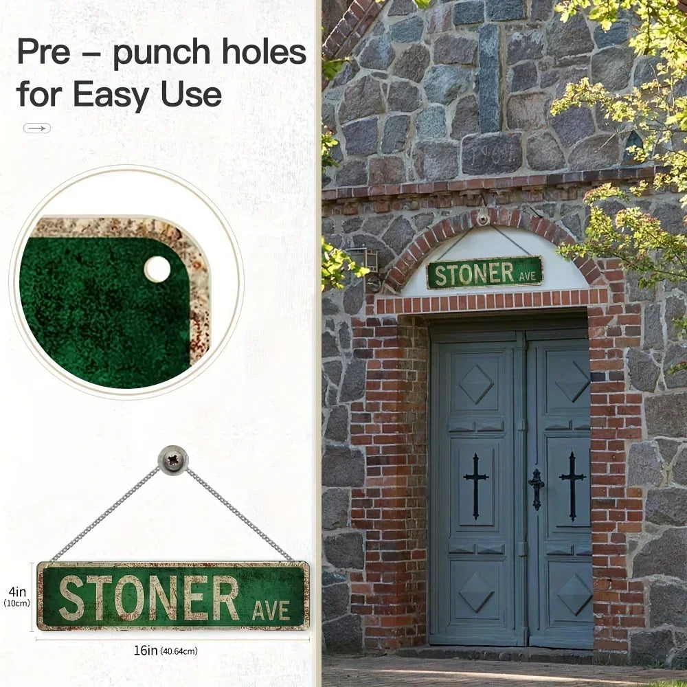 A vintage metal street sign for Stoner Ave is shown next to a close-up of pre-punched holes for easy use.