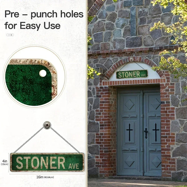 A vintage metal street sign for Stoner Ave is shown next to a close-up of pre-punched holes for easy use.