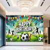 A vibrant football themed birthday backdrop banner featuring soccer balls, trophies, and crowns on a green field.