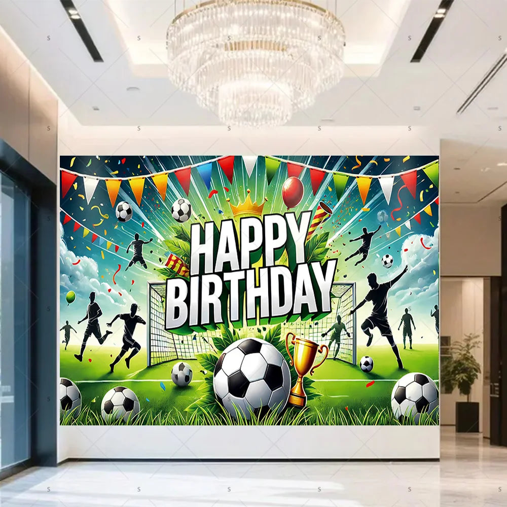 A vibrant football themed birthday backdrop banner featuring soccer balls, trophies, and crowns on a green field.